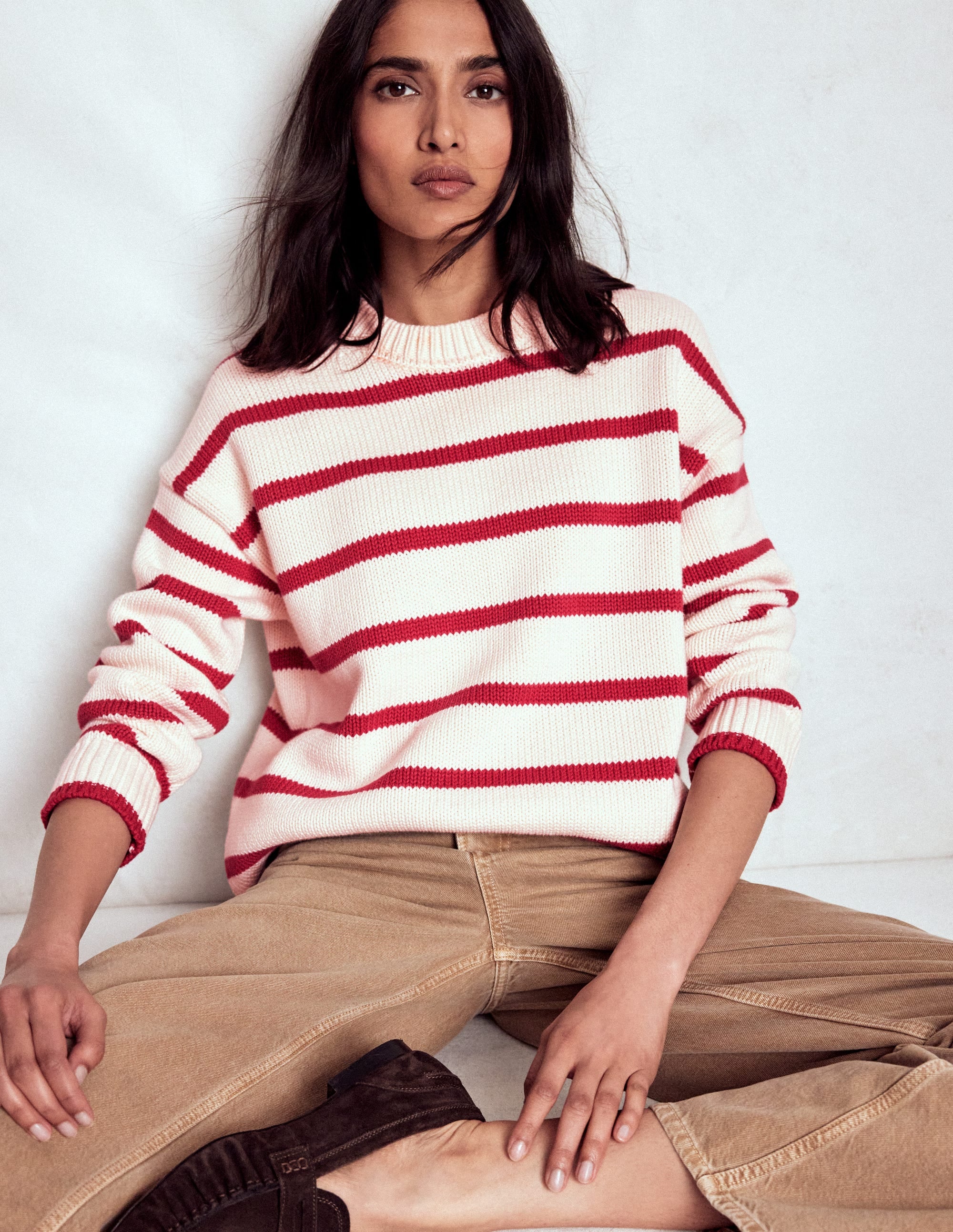 Lucy Oversized Cotton Jumper-Ivory, Red Stripe - Image 3