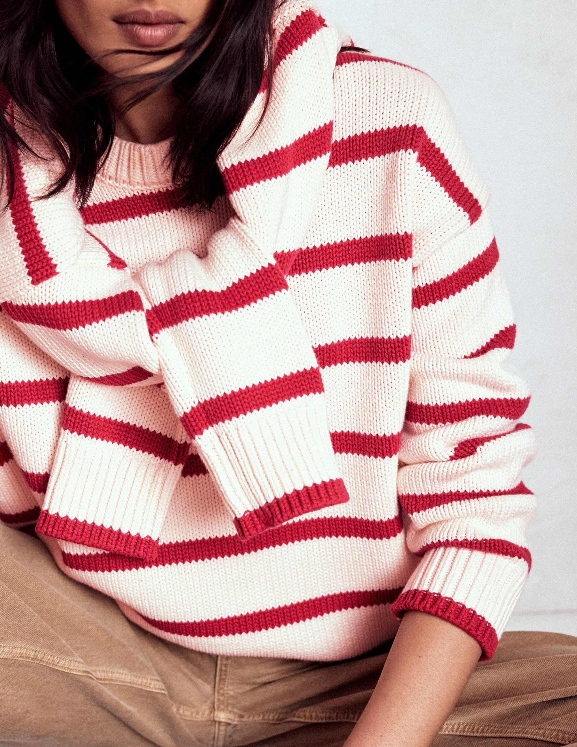 Lucy Oversized Cotton Jumper-Ivory, Red Stripe - Image 4