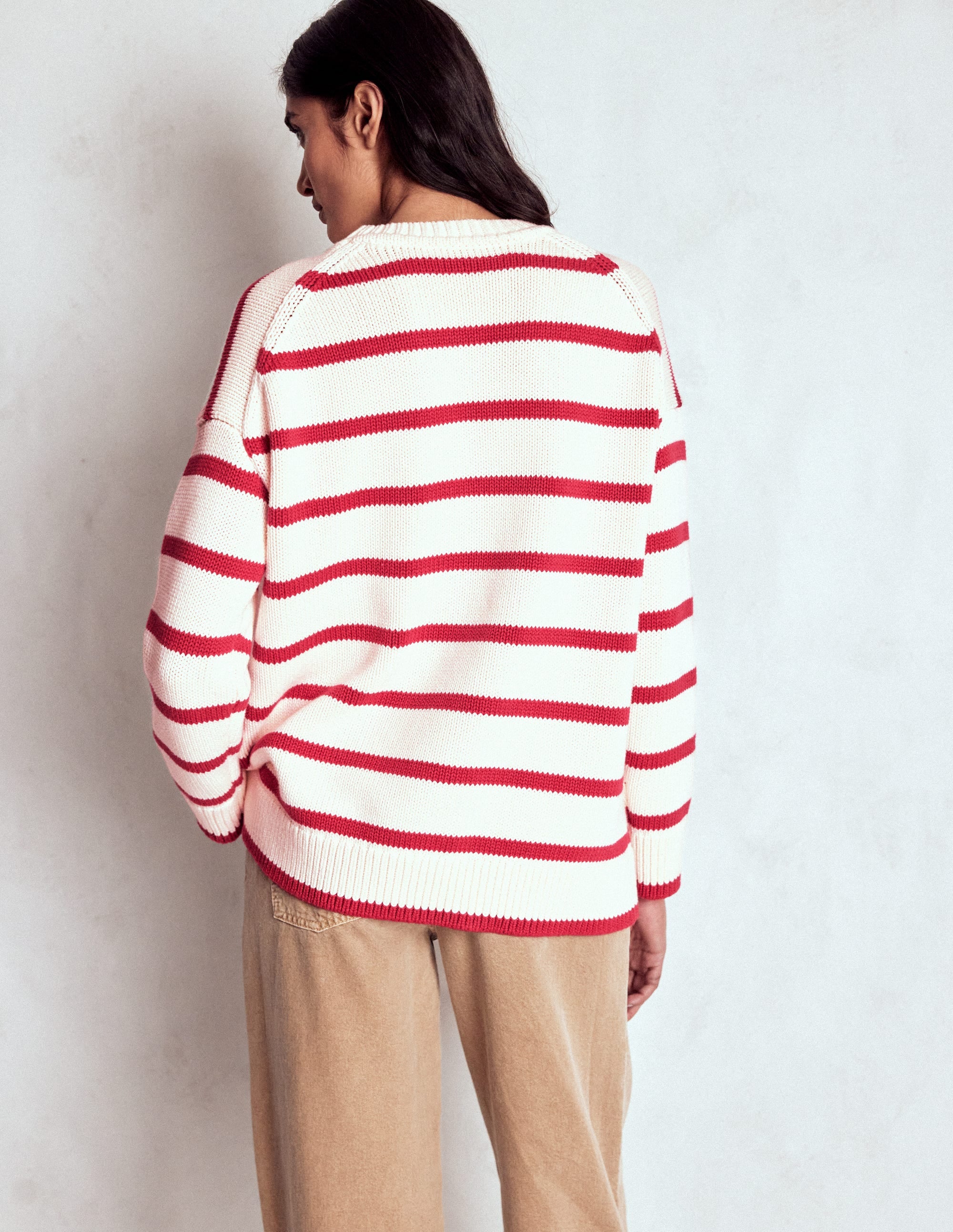 Lucy Oversized Cotton Jumper-Ivory, Red Stripe - Image 5