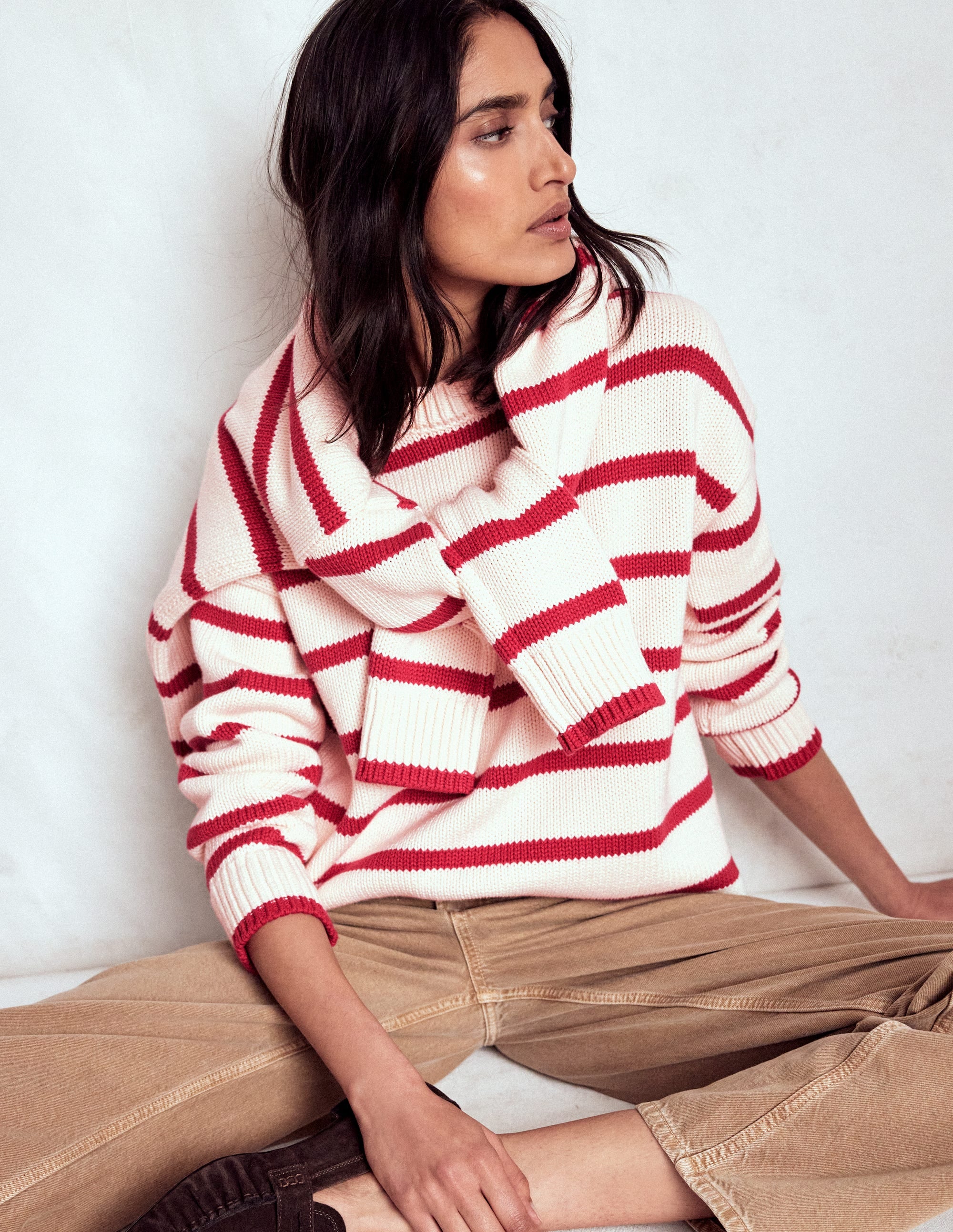 Lucy Oversized Cotton Jumper-Ivory, Red Stripe - Image 7