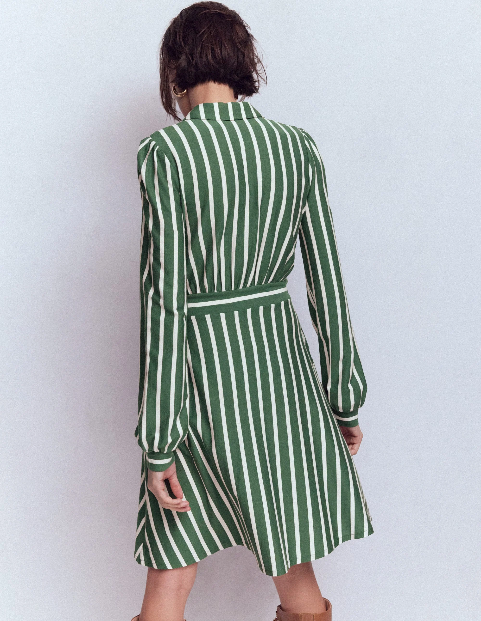 Orla Short Jersey Shirt Dress-Hunter Green and Ivory Stripe - Image 3