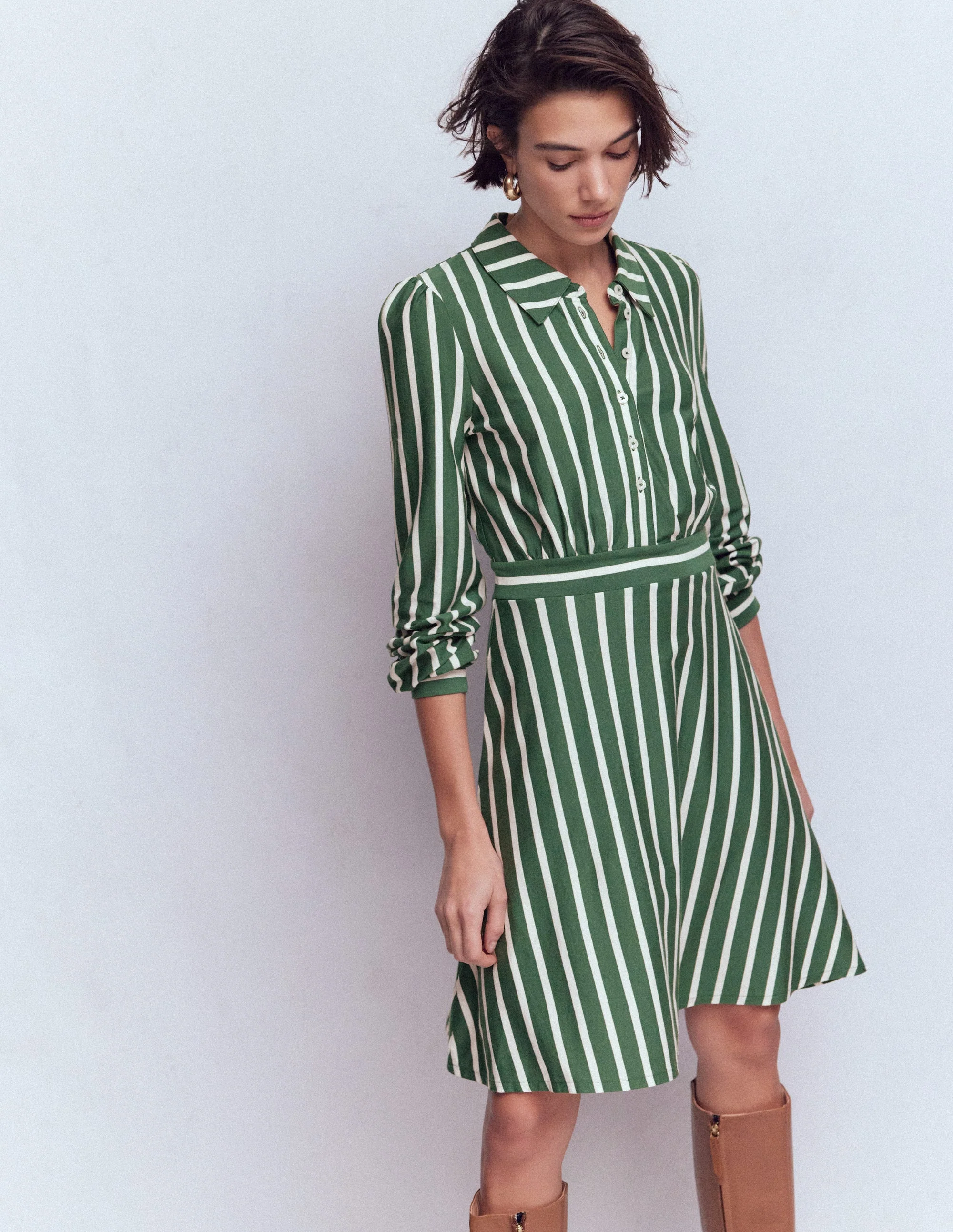 Orla Short Jersey Shirt Dress-Hunter Green and Ivory Stripe - Image 5