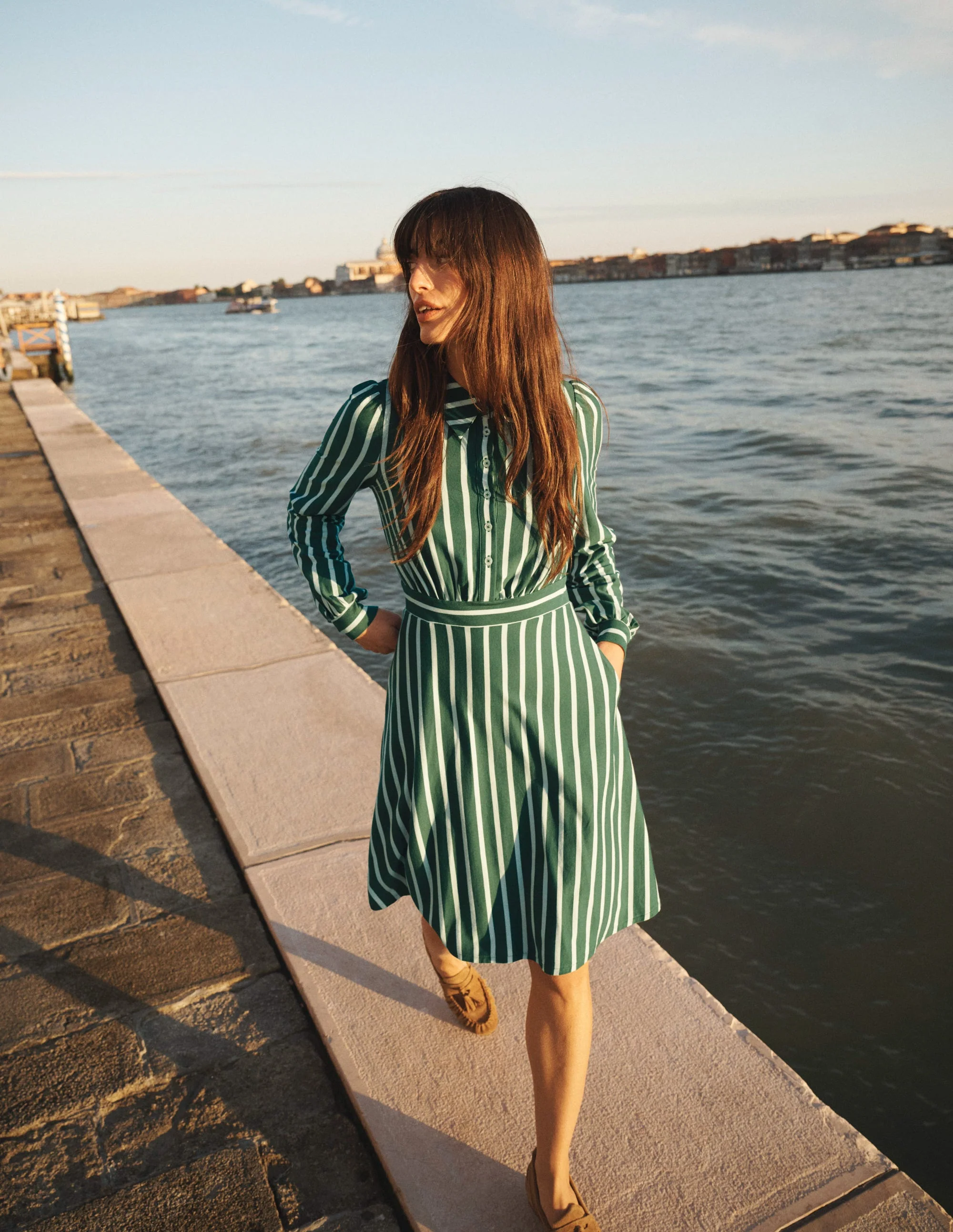 Orla Short Jersey Shirt Dress-Hunter Green and Ivory Stripe - Image 6