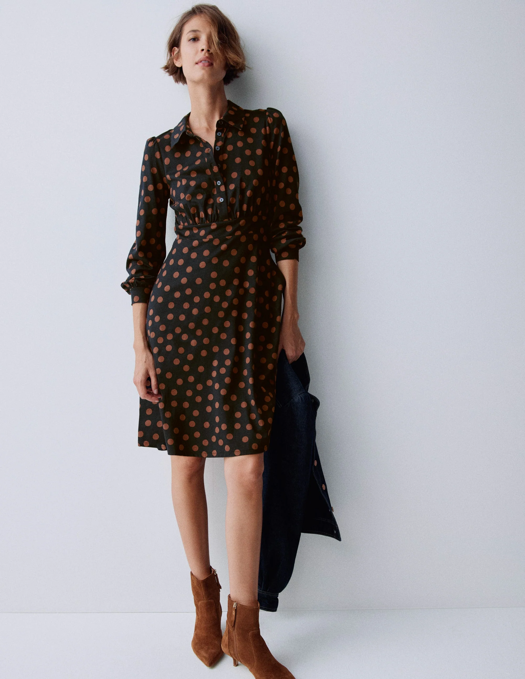 Orla Short Jersey Shirt Dress-Russet, Painted Dot - Image 6