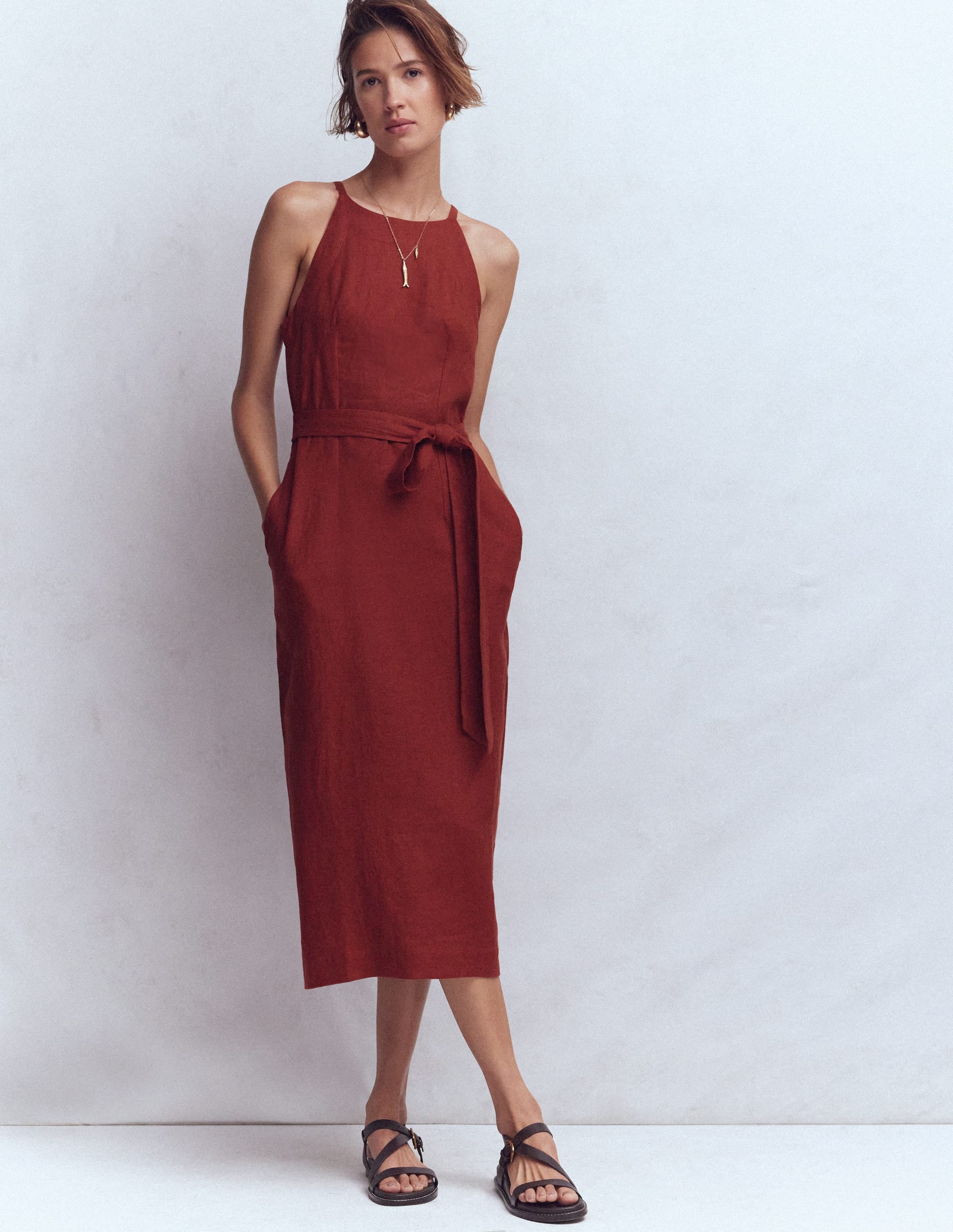 Rosa Halter Linen Midi Dress-Burnt Orange - Image 4