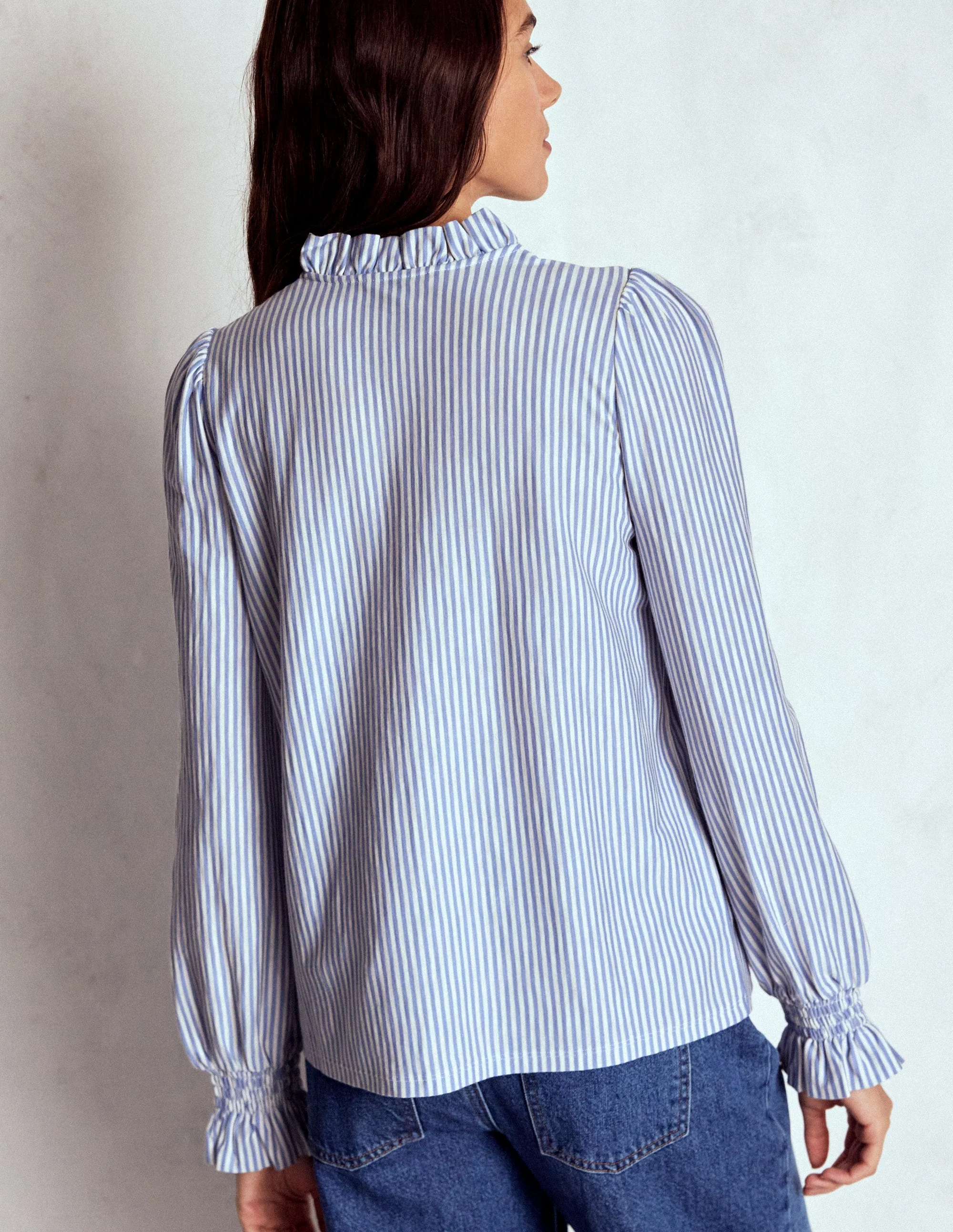 Smocked Yoke Jersey Shirt-Forever Blue and Ivory Stripe - Image 3