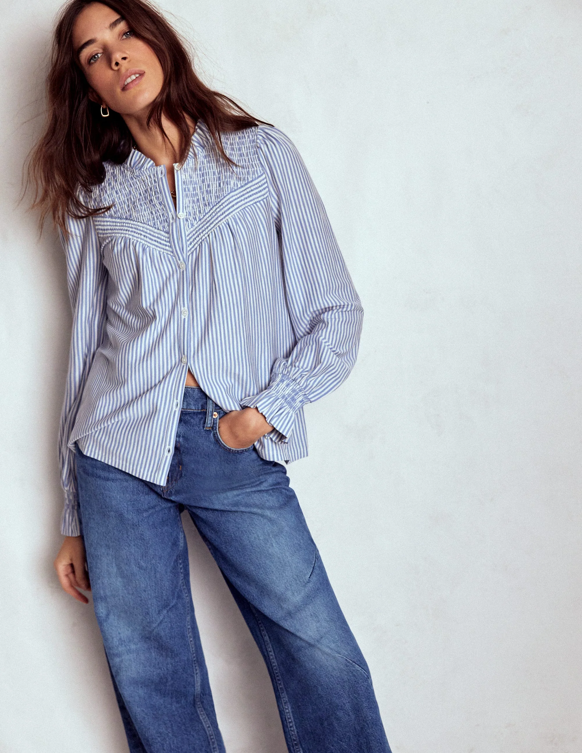 Smocked Yoke Jersey Shirt-Forever Blue and Ivory Stripe - Image 4