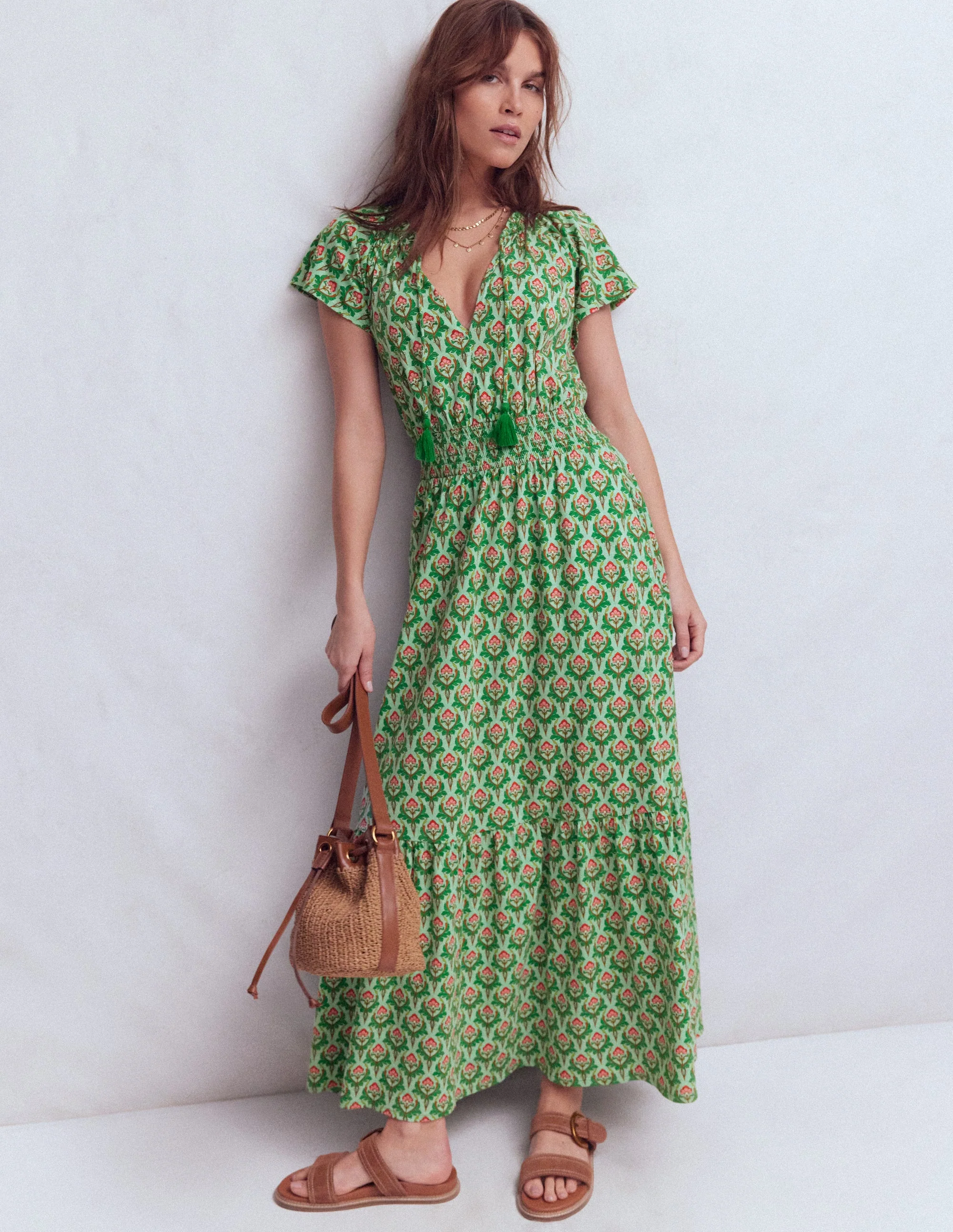 Tala Tiered Jersey Maxi Dress-Pistachio, Ornamental Stamp - Image 4