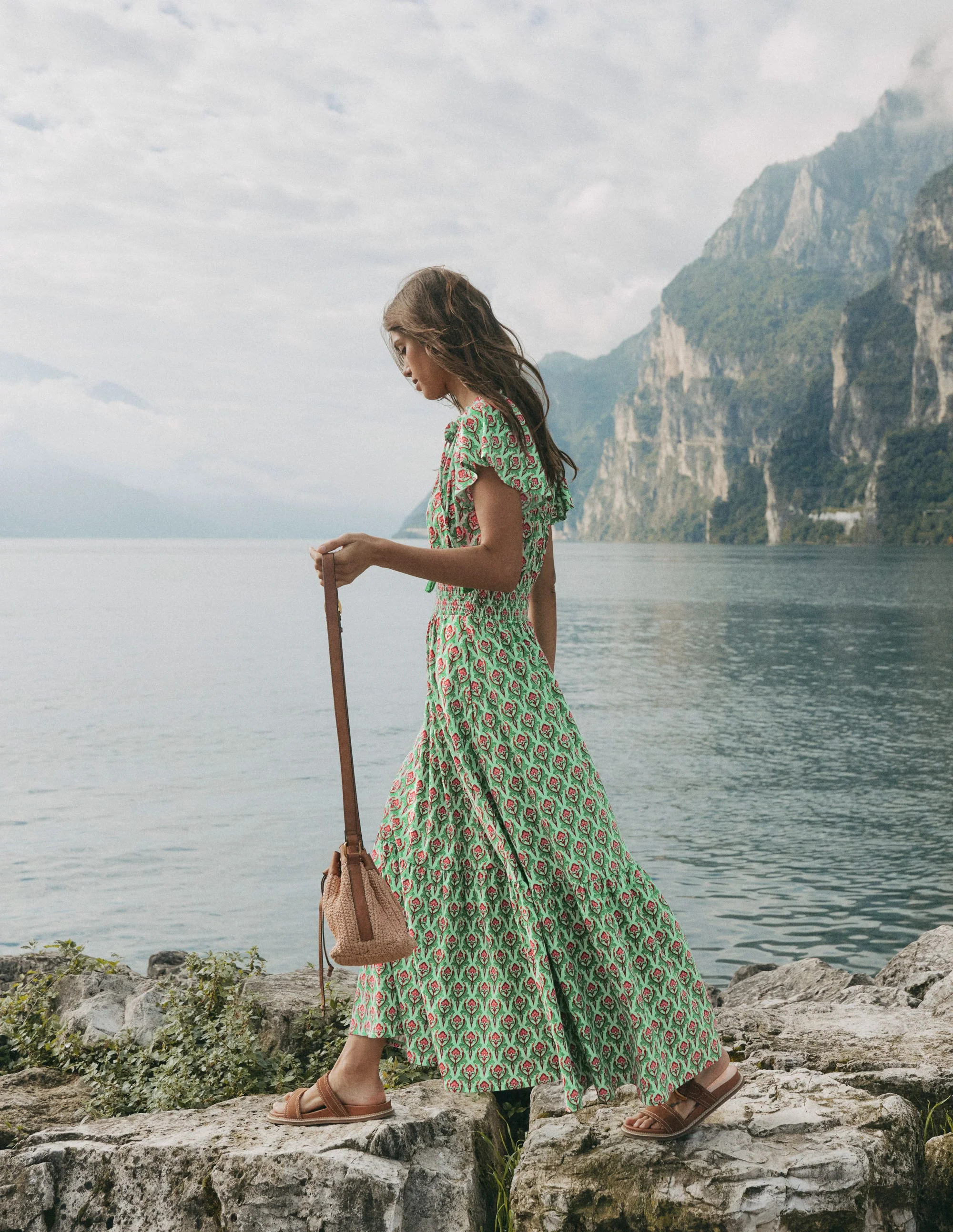 Tala Tiered Jersey Maxi Dress-Pistachio, Ornamental Stamp - Image 5