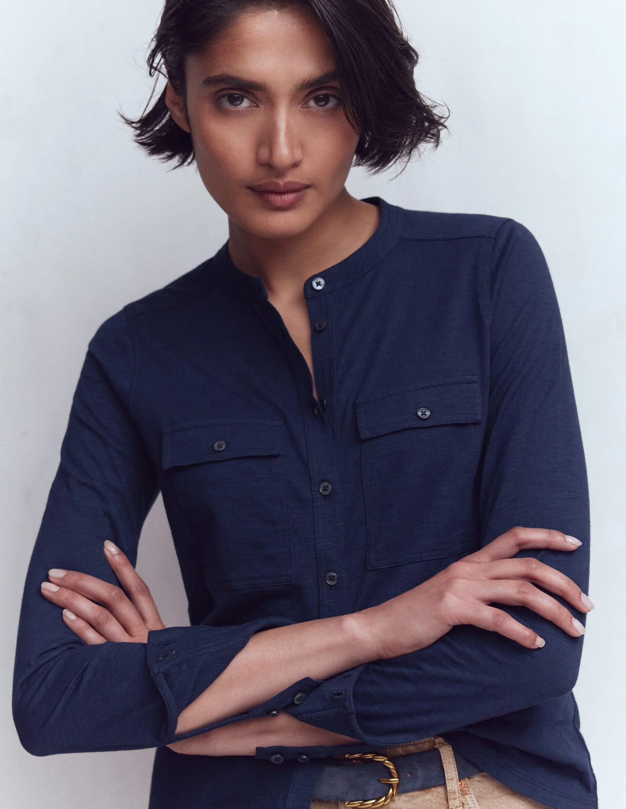 Topstitched Pocket Shirt-Navy - Image 4