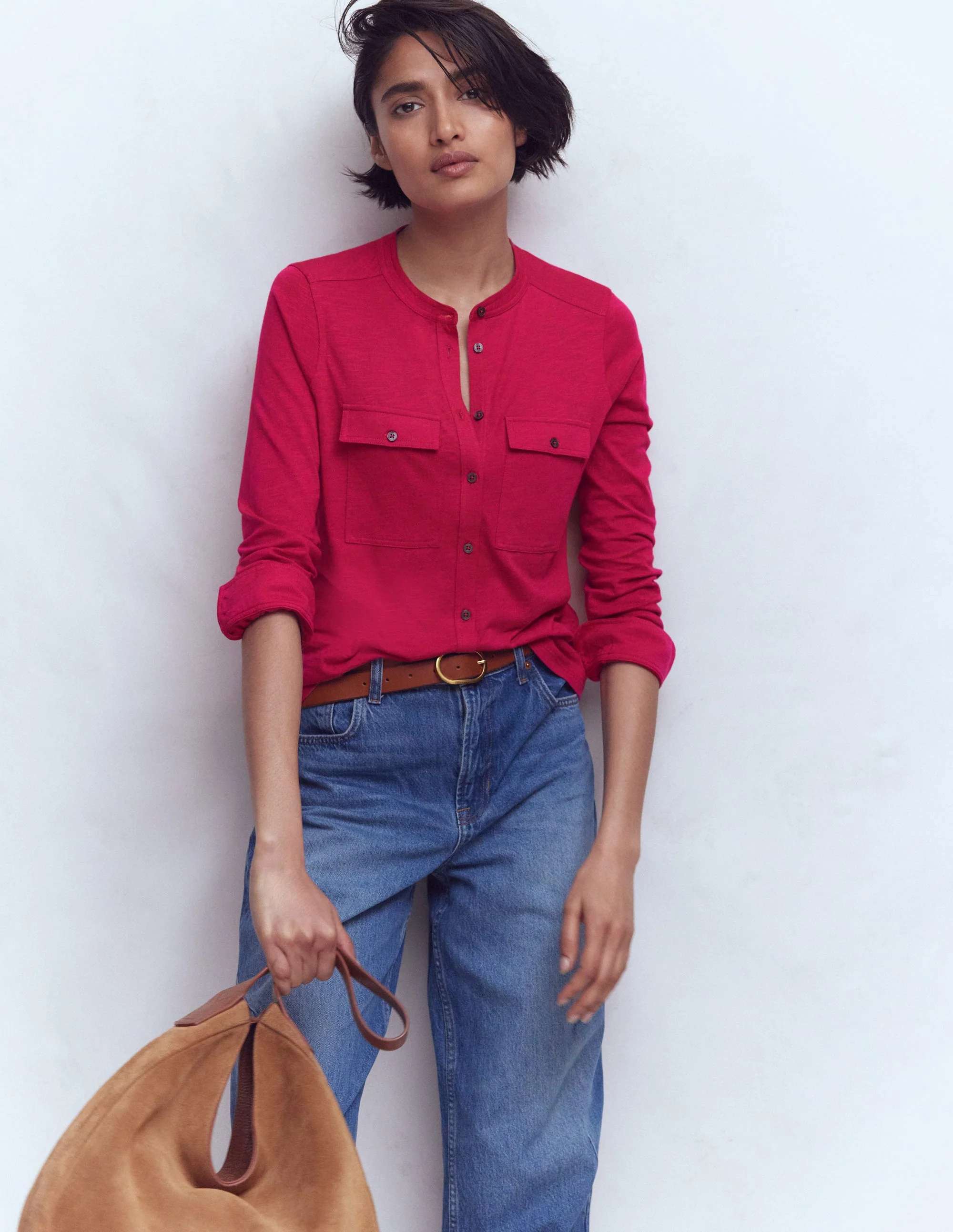Topstitched Pocket Shirt-Pomegranate - Image 4
