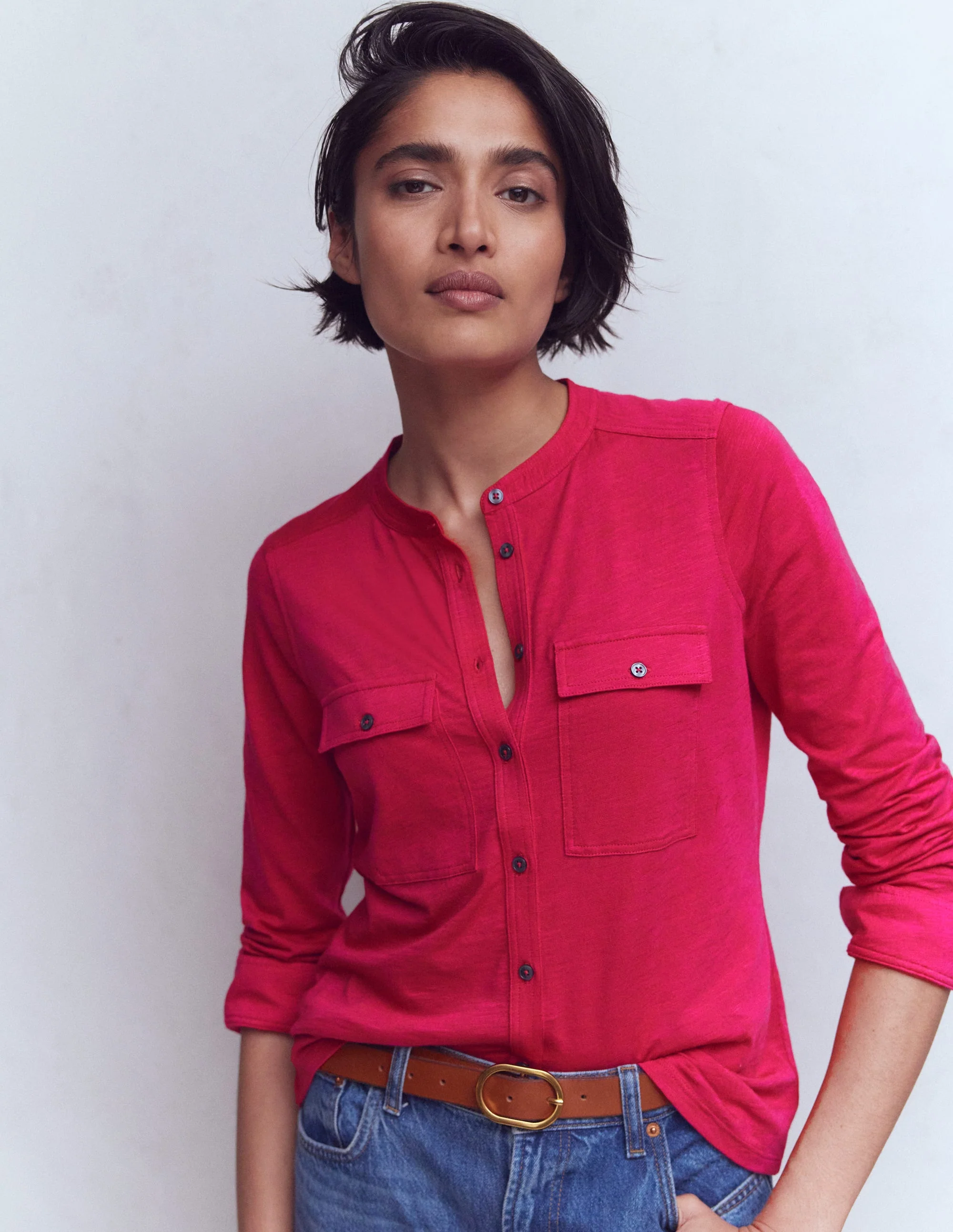 Topstitched Pocket Shirt-Pomegranate - Image 5