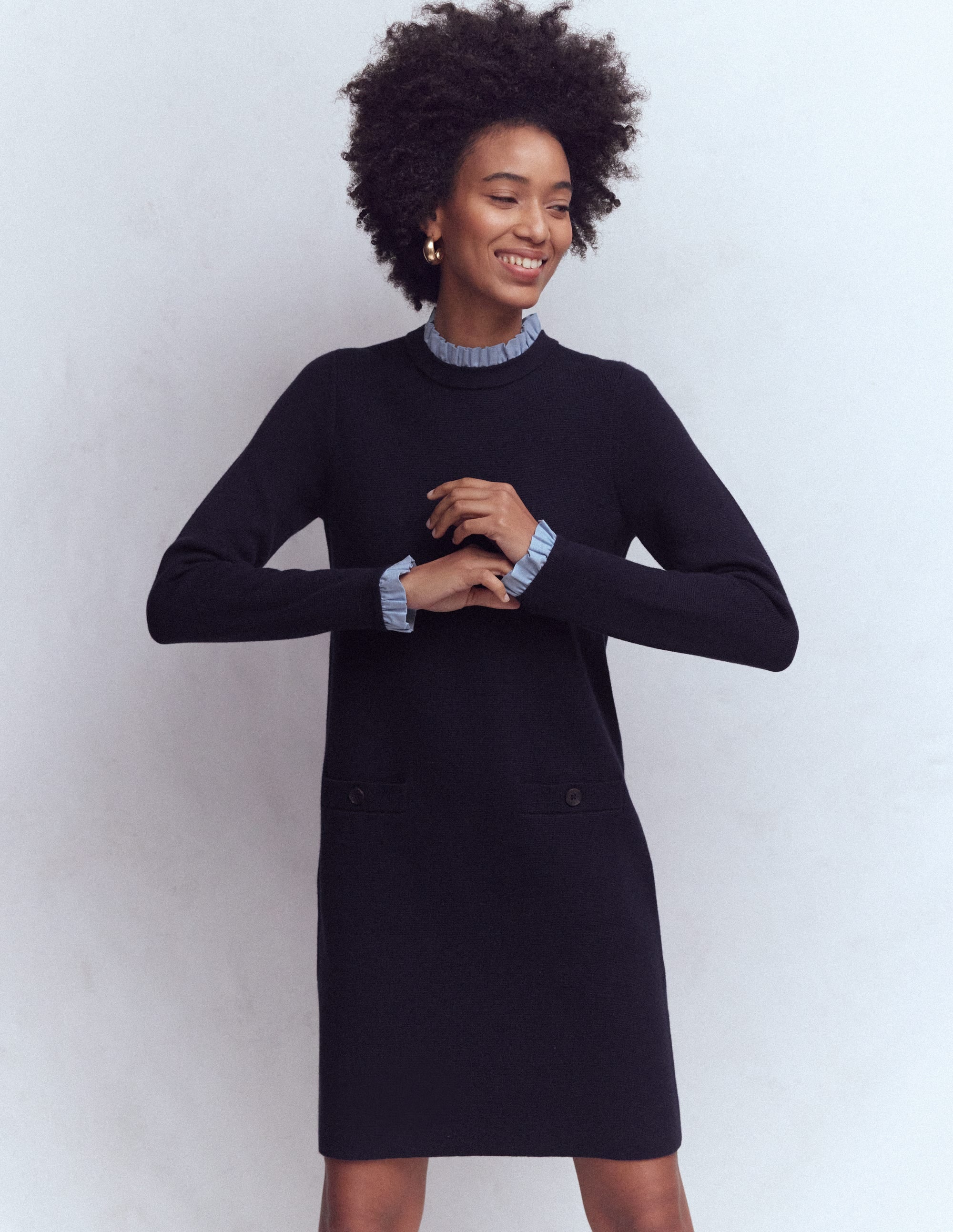 Woven Trim Knit Dress-Navy - Image 4